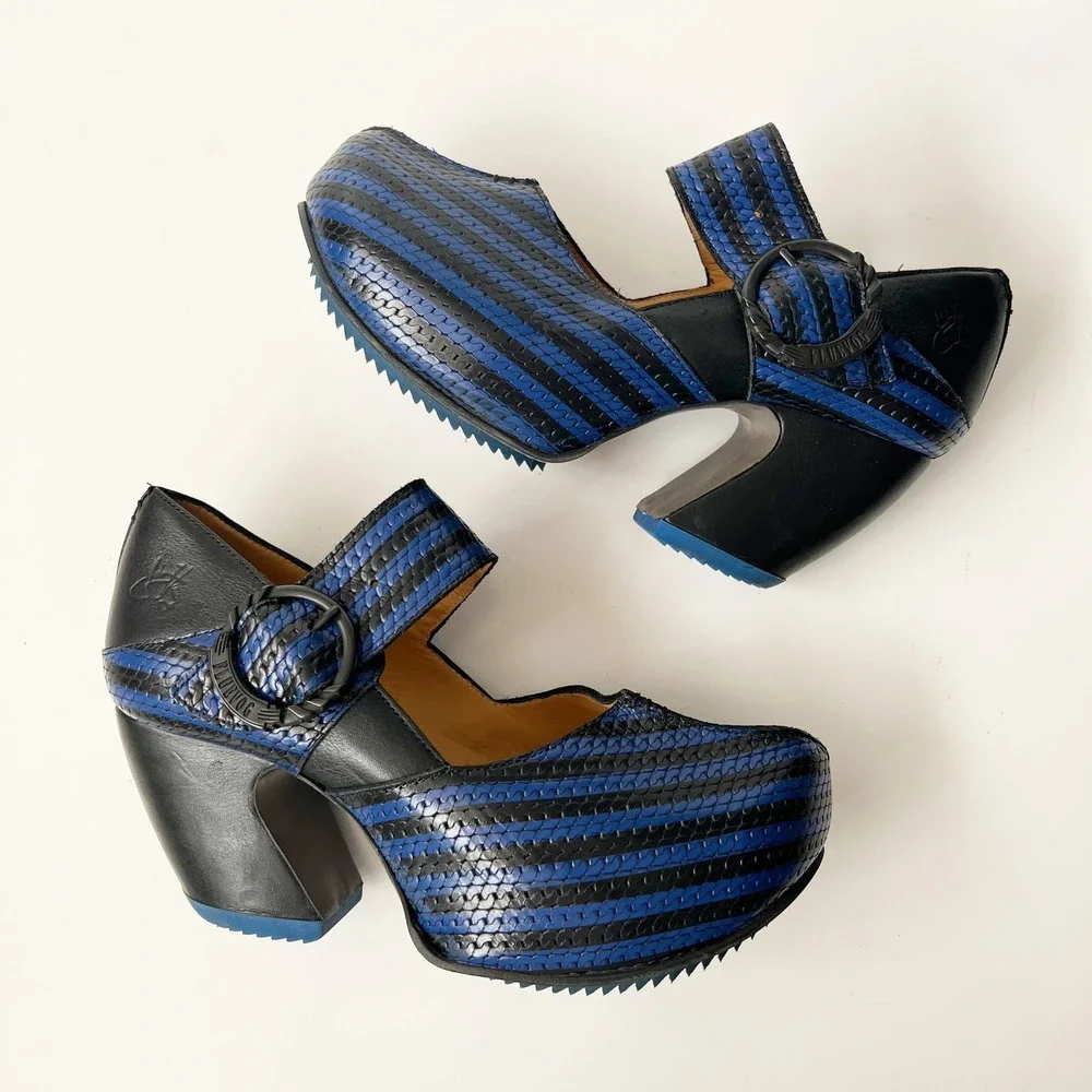 John Fluevog Mary Janes Heels 7.5 Blue Black Prepare Leader Striped Leather